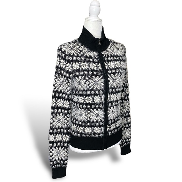 Lauren Ralph Lauren Active Eyelash Sweater Full Zip Fair Isle Black Soft White - Picture 4 of 7